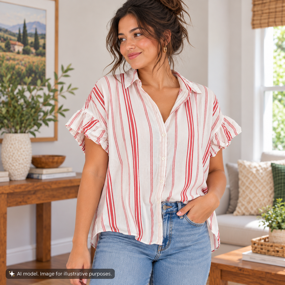 Madewell Shirt Womens Small Red White Stripe Flowy Cotton Flutter Sleeve Button